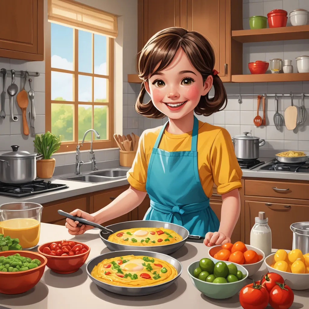 a cartoon girl is cooking in the kitchen with her food and vegetables on the counter top, and a window in the background, lyco art, a storybook illustration, Alejandro Burdisio, cgstudio