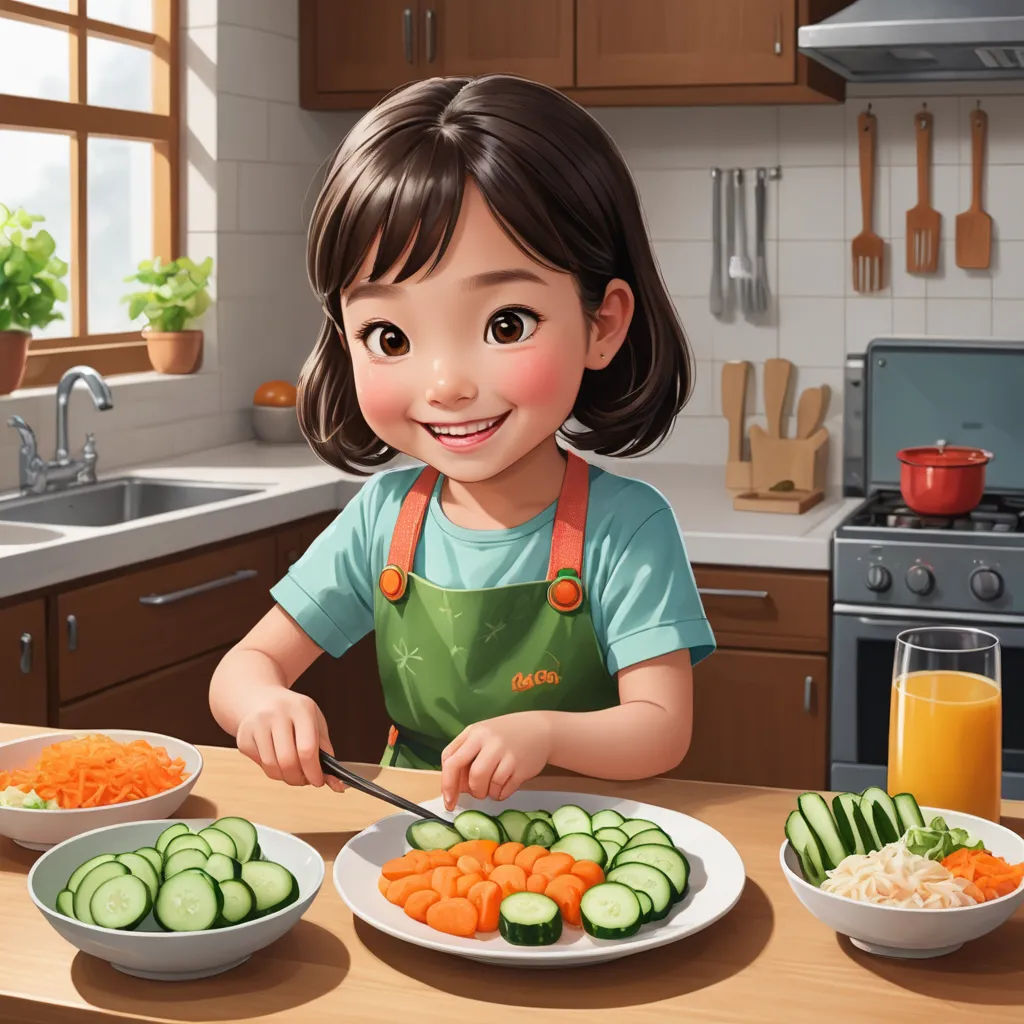 a girl is cutting up vegetables on a table with a knife and fork in front of her and a bowl of carrots and cucumbers, photorealism, a storybook illustration, Choi Buk, trending on art station