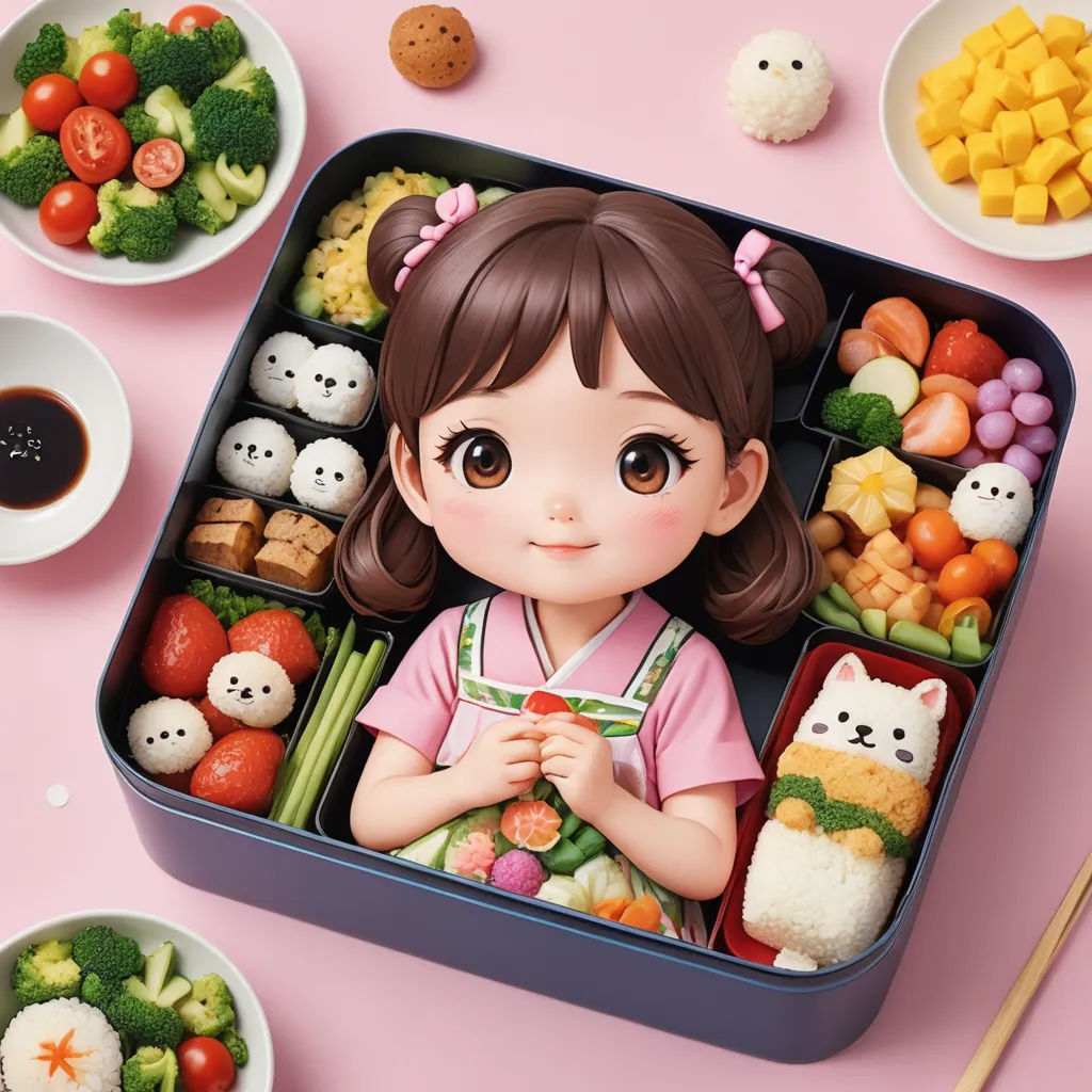 a little girl is sitting in a bento box with food in it and a bowl of vegetables and a cup of coffee, aestheticism, a pastel, Alice Prin, kawaii
