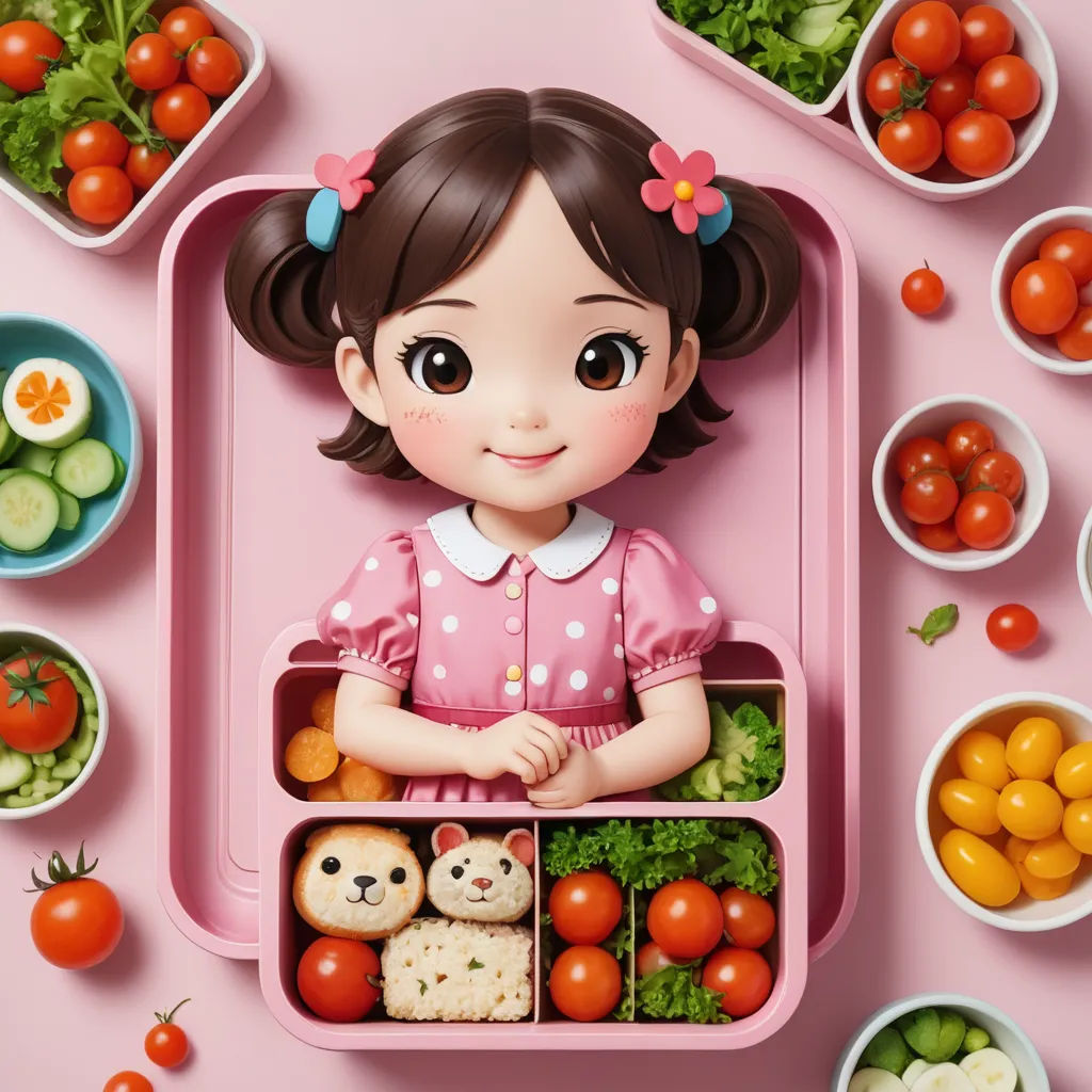 a little girl is sitting in a pink lunch box with food in it and bowls of vegetables and fruits, assemblage, a stock photo, Chen Chi, promotional image
