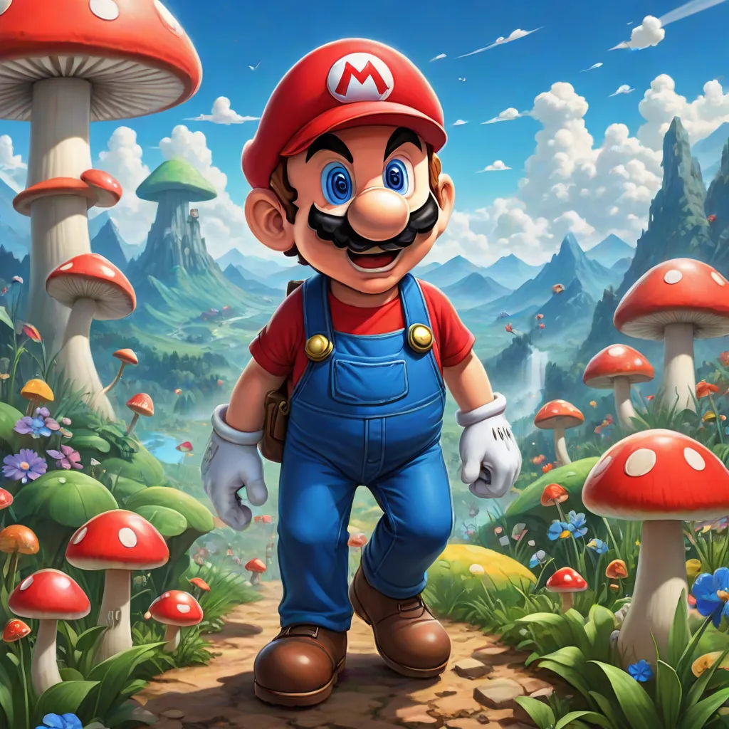 a mario mushroom is standing in the middle of a field of mushrooms and mushrooms with a man in a red hat, sots art, concept art, Chris LaBrooy, official art