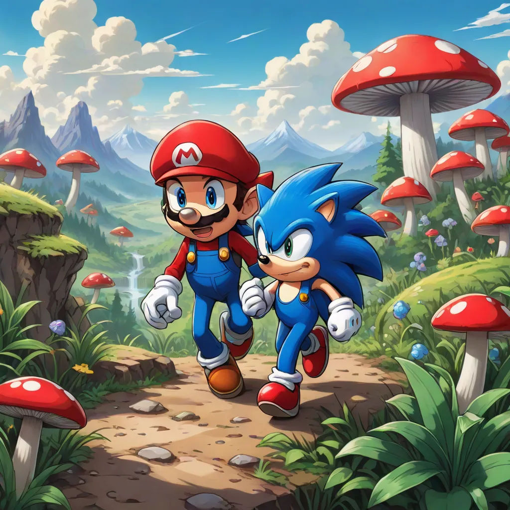 a couple of sonic and sonic running through a forest with mushrooms and mushrooms on the ground in front of them, sots art, concept art, Chris LaBrooy, official art