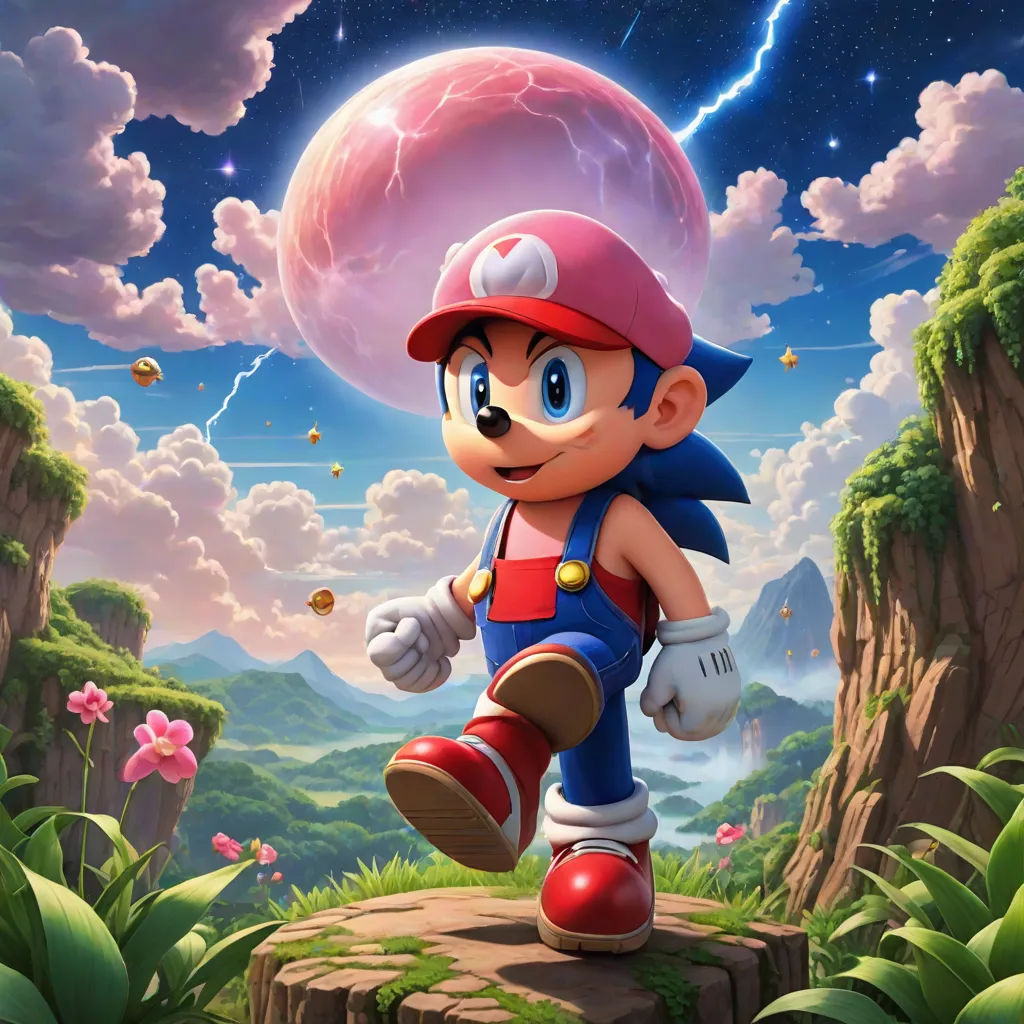 a cartoon character is running across a cliff in front of a sky background with clouds and stars, and a pink ball in the middle of the image, sots art, concept art, Chris LaBrooy, official art