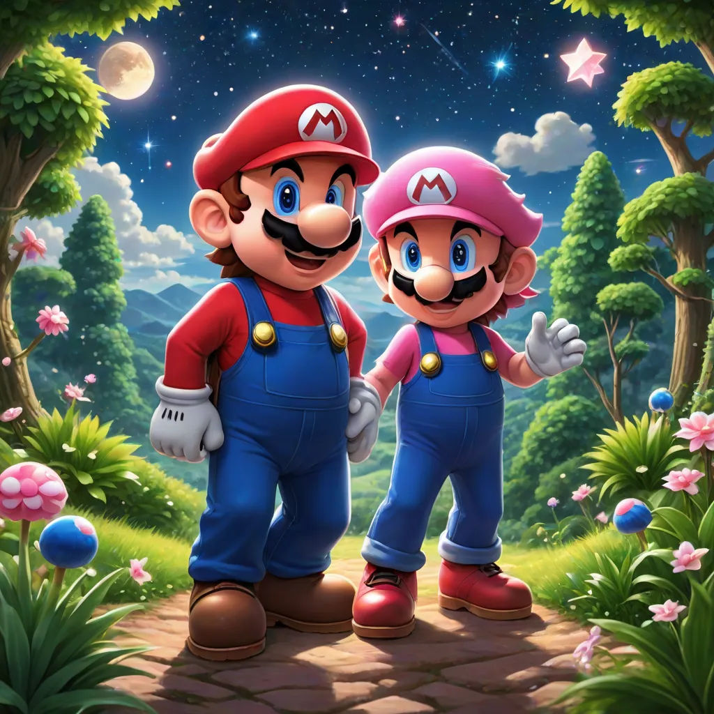 two mario and luigi are standing in the woods together, with a night sky behind them and stars above them, sots art, an ultrafine detailed painting, Chris LaBrooy, official art