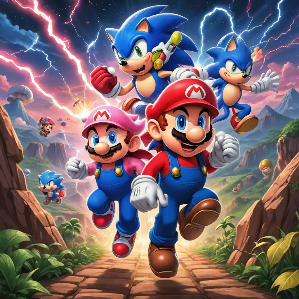 a group of mario and luigi running through a forest with lightning in the background and mario running on the ground, sots art, concept art, Chris LaBrooy, official art