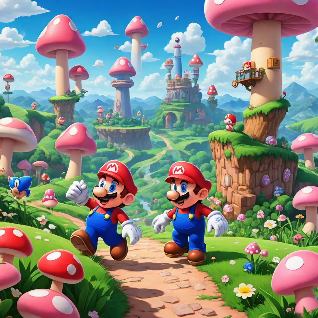 mario and luigi running through a mushroom land with a castle in the background and a mushroom - covered hill in the foreground, fantasy art, a detailed matte painting, Chris LaBrooy, game art