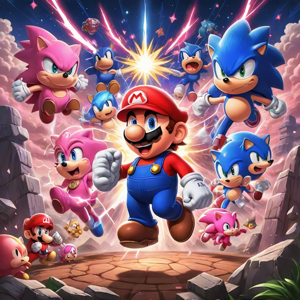 a group of mario and sonic characters in a cartoon style scene with a sky background and stars and clouds, sots art, concept art, Chris LaBrooy, official art