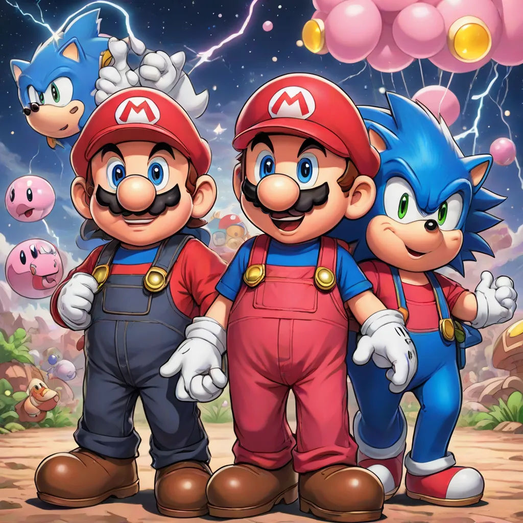 a group of cartoon characters standing next to each other in front of a sky full of balloons and stars, sots art, concept art, Americo Makk, official art
