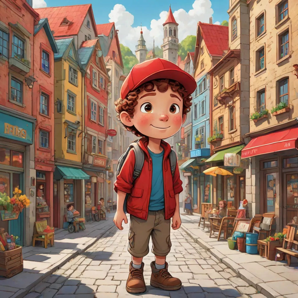 a boy in a red hat is standing in a street with buildings and a clock tower in the background, american scene painting, a storybook illustration, Chris LaBrooy, rossdraws global illumination