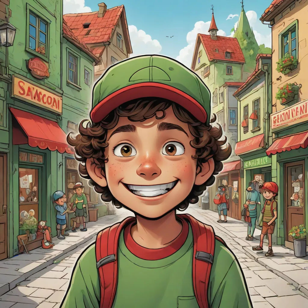 a boy with a green hat and a red backpack smiles in front of a small town with shops and people, process art, a storybook illustration, Diego Gisbert Llorens, rossdraws global illumination