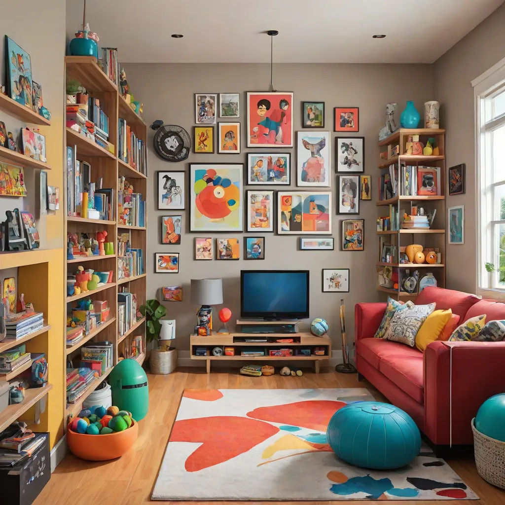 a living room with a red couch and a television on a stand in front of a book shelf filled with books, photorealism, a photorealistic painting, Chris LaBrooy, maximalist