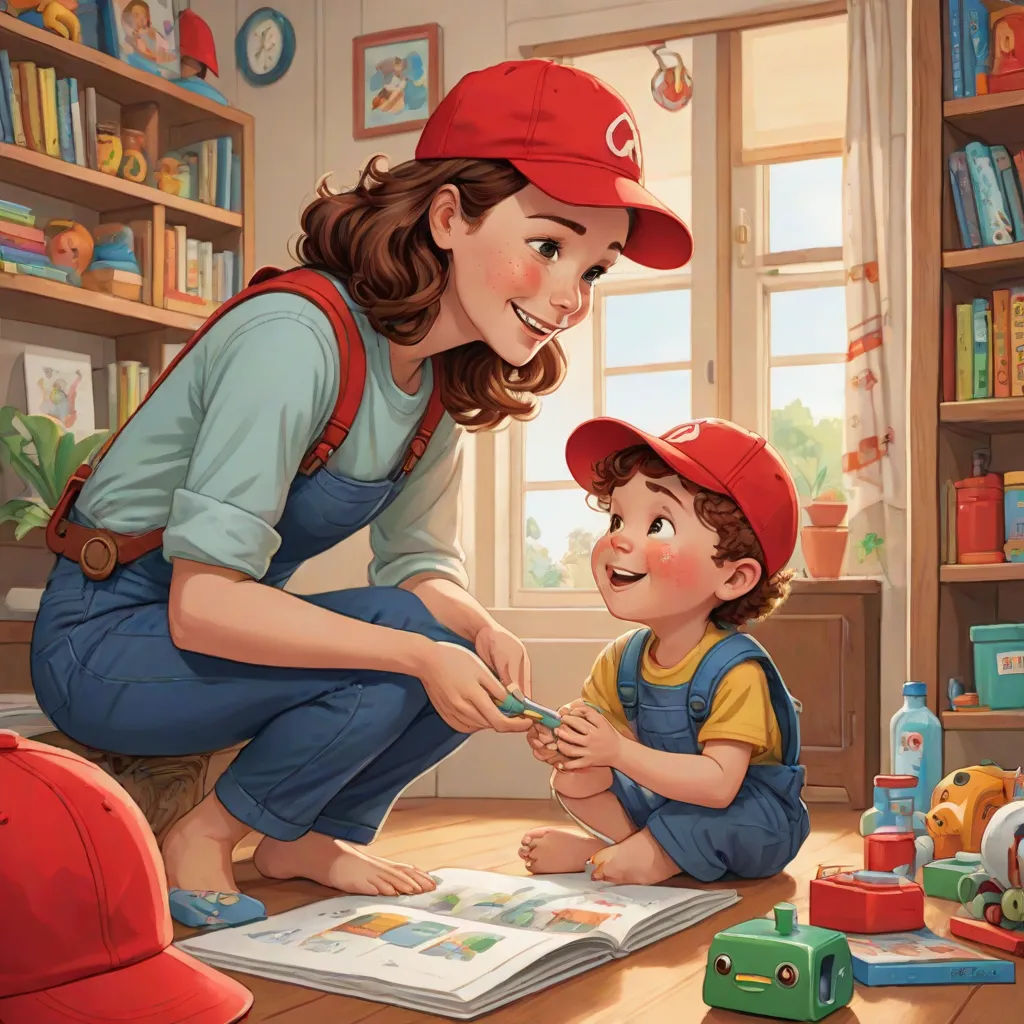 a woman and a child are playing with a book in a room with toys and bookshelves on the floor, american scene painting, a storybook illustration, Cynthia Sheppard, storybook illustration