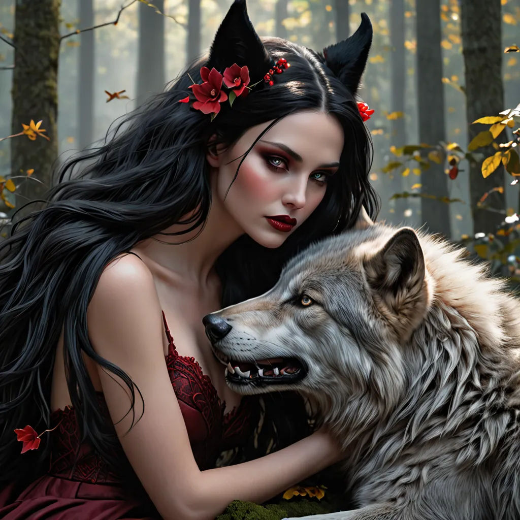 a woman with long hair and a wolf's head is sitting in the woods with her hands on her chest, gothic art, a storybook illustration, Anne Stokes, dark fantasy art