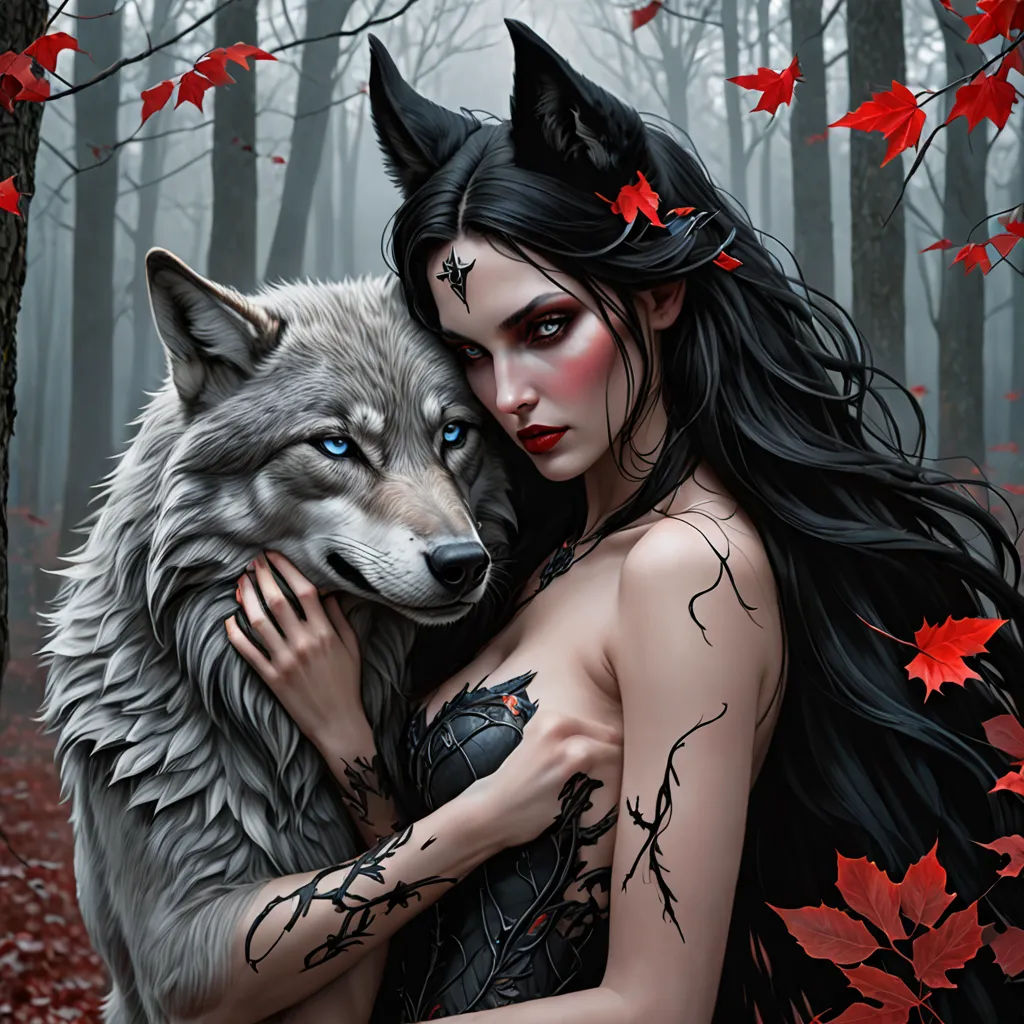 a woman with black hair and tattoos hugging a wolf in a forest with red leaves on the ground and a tree with red leaves, gothic art, a digital painting, Anne Stokes, dark fantasy art