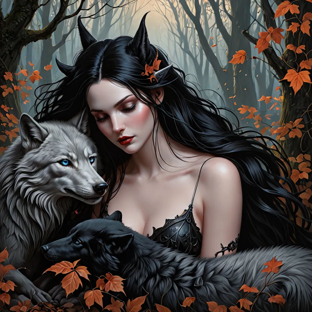 a woman with long hair holding a wolf in a forest with leaves on it's sides and a wolf on her shoulder, gothic art, a fine art painting, Anne Stokes, highly detailed digital painting