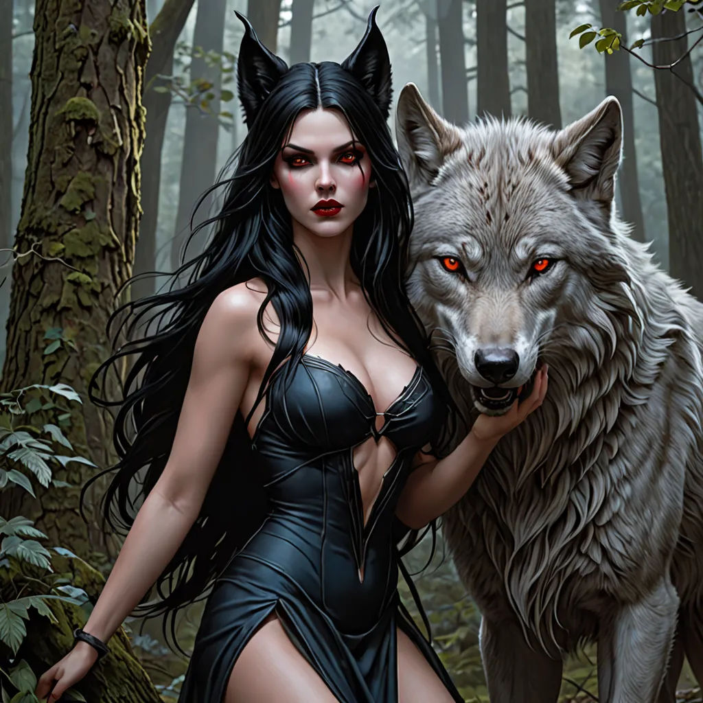 a woman in a black dress standing next to a wolf in a forest with red eyes and a wolf like head, gothic art, a digital painting, Anne Stokes, highly detailed digital painting