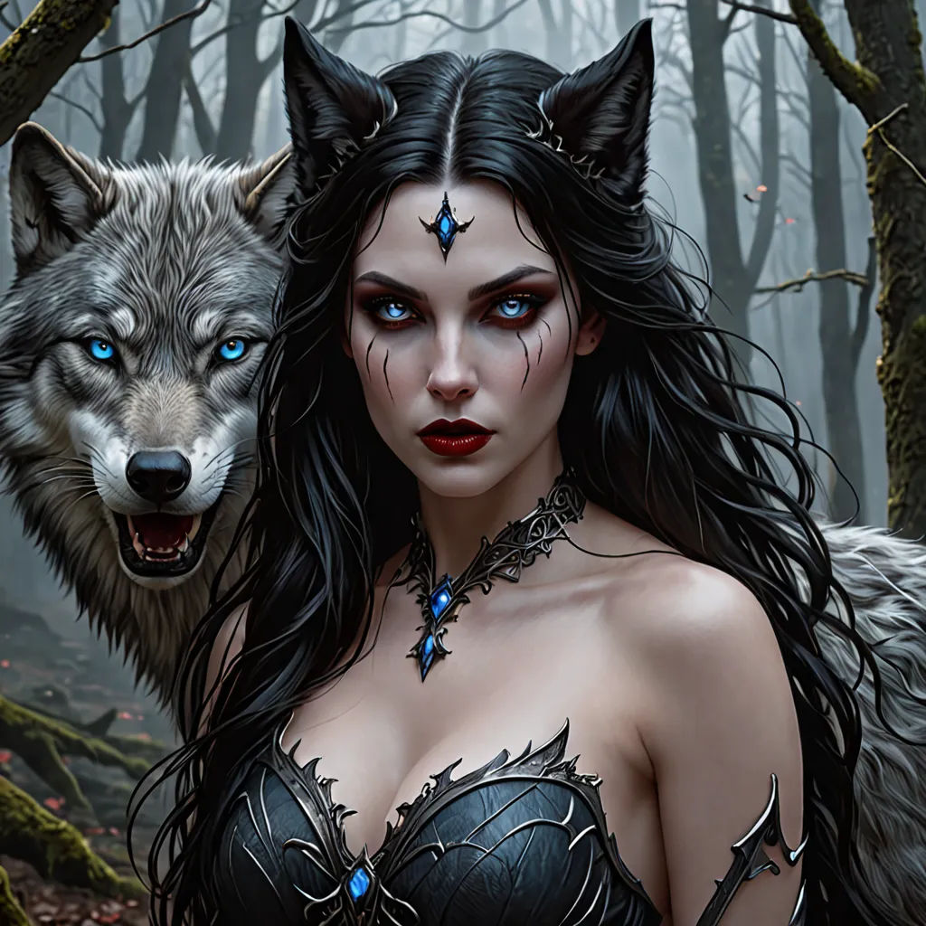 a woman with blue eyes and a wolf's head on her shoulder in a forest with trees and leaves, gothic art, a digital painting, Anne Stokes, highly detailed digital painting