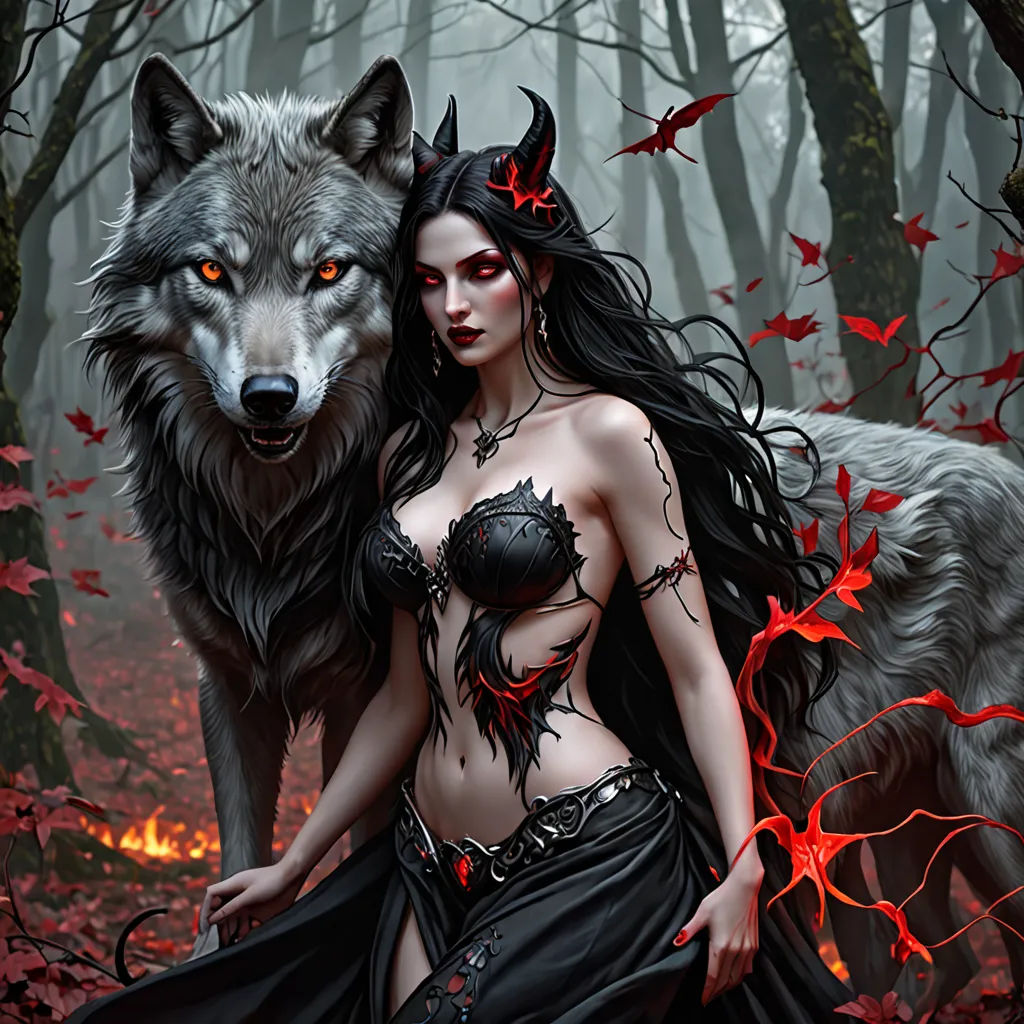 a woman with a wolf on her back in a forest with red leaves and a wolf on her shoulder, gothic art, a fine art painting, Anne Stokes, dark fantasy art