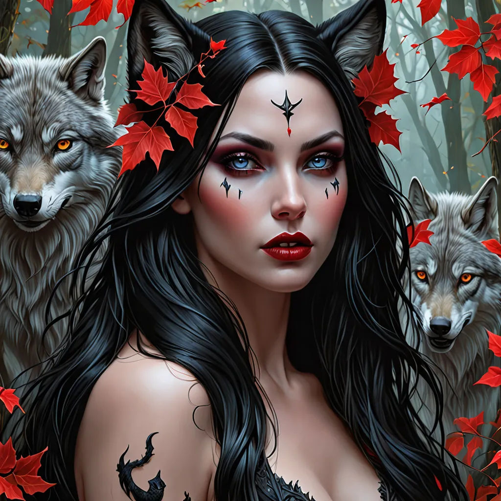 a woman with long hair and makeup with two wolfs behind her and a red maple leaf on her head, gothic art, a detailed painting, Anne Stokes, highly detailed digital painting