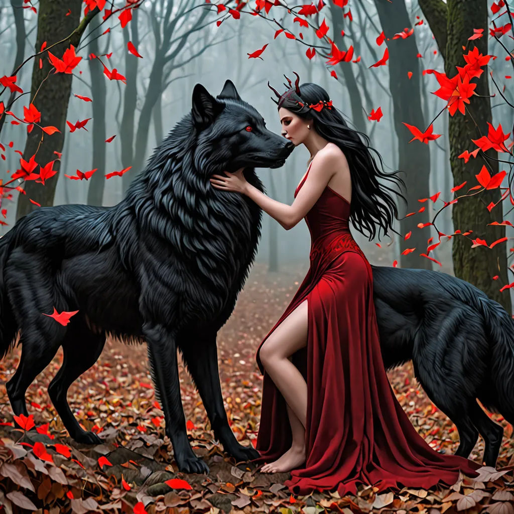 a woman in a red dress and a black wolf in a forest with leaves on the ground and trees, gothic art, a digital rendering, Anne Stokes, dark fantasy art