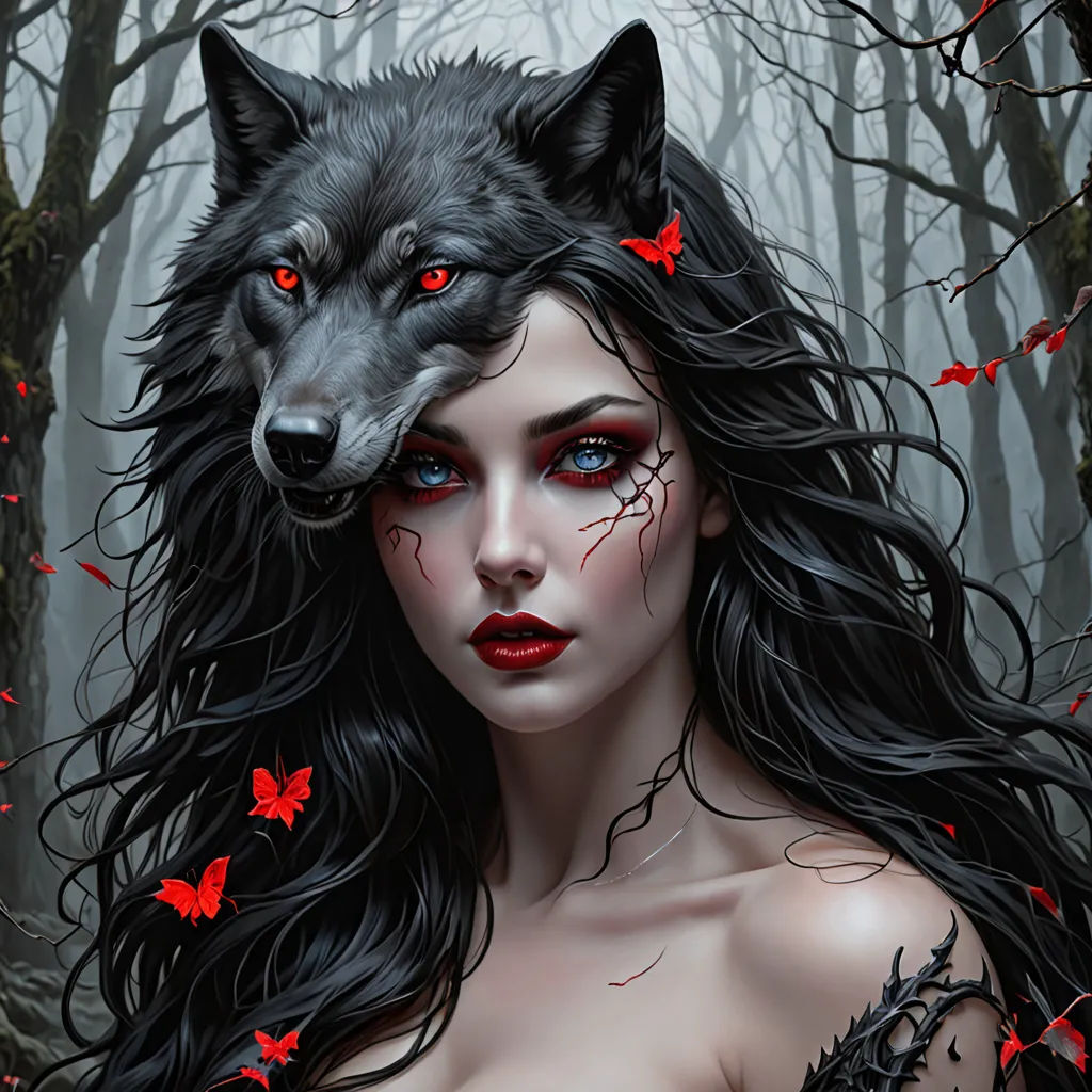 a woman with red eyes and a wolf's head on her shoulder in a forest with red butterflies, gothic art, a digital painting, Anne Stokes, highly detailed digital painting