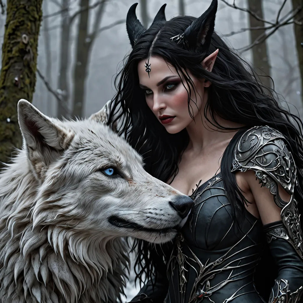 a woman in a black dress and a wolf in a forest with trees and fog behind her, with a wolf in her arms, gothic art, a storybook illustration, Anne Stokes, fantasy style
