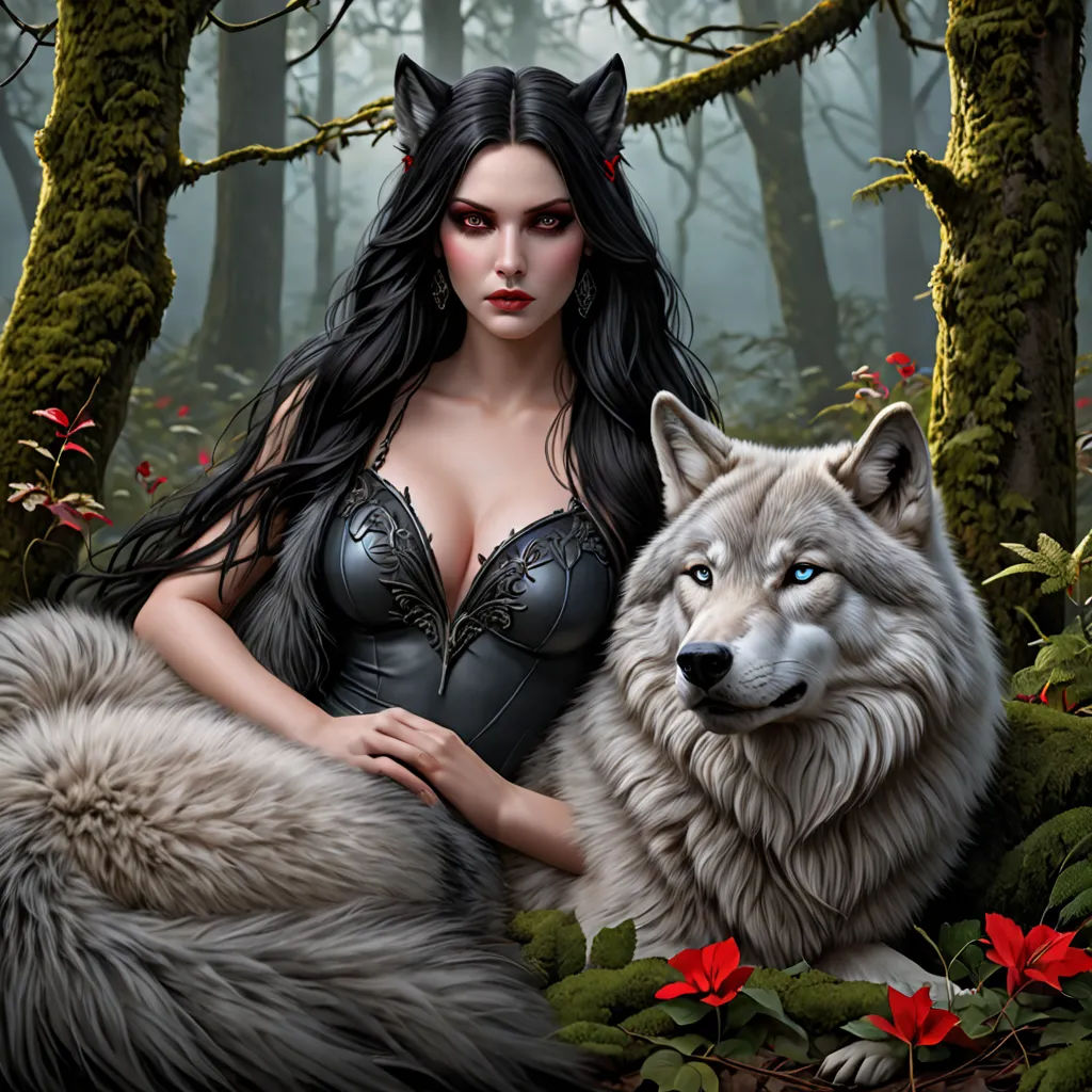 a woman in a black bra and a wolf in a forest with red flowers and trees in the background, gothic art, a digital painting, Anne Stokes, highly detailed digital painting