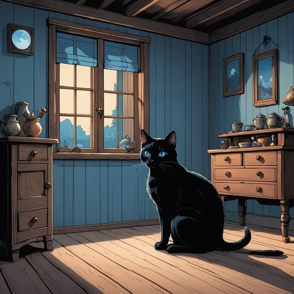 a black cat sitting on a wooden floor in a room with blue walls and a dresser with a window, gothic art, a storybook illustration, Dan Mumford, storybook illustration