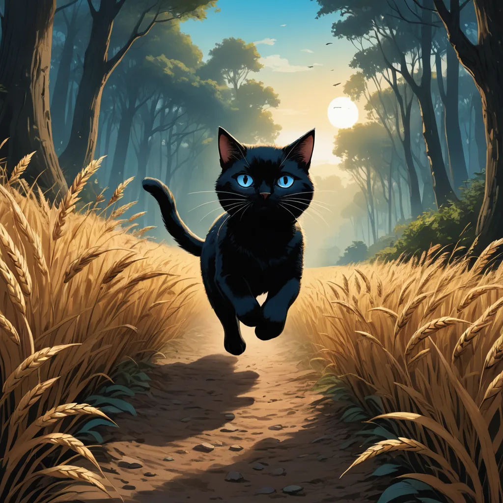 a black cat is running down a path in the woods with tall grass and trees in the background, with the sun shining through the trees, fantasy art, a comic book panel, Dan Mumford, ghibli