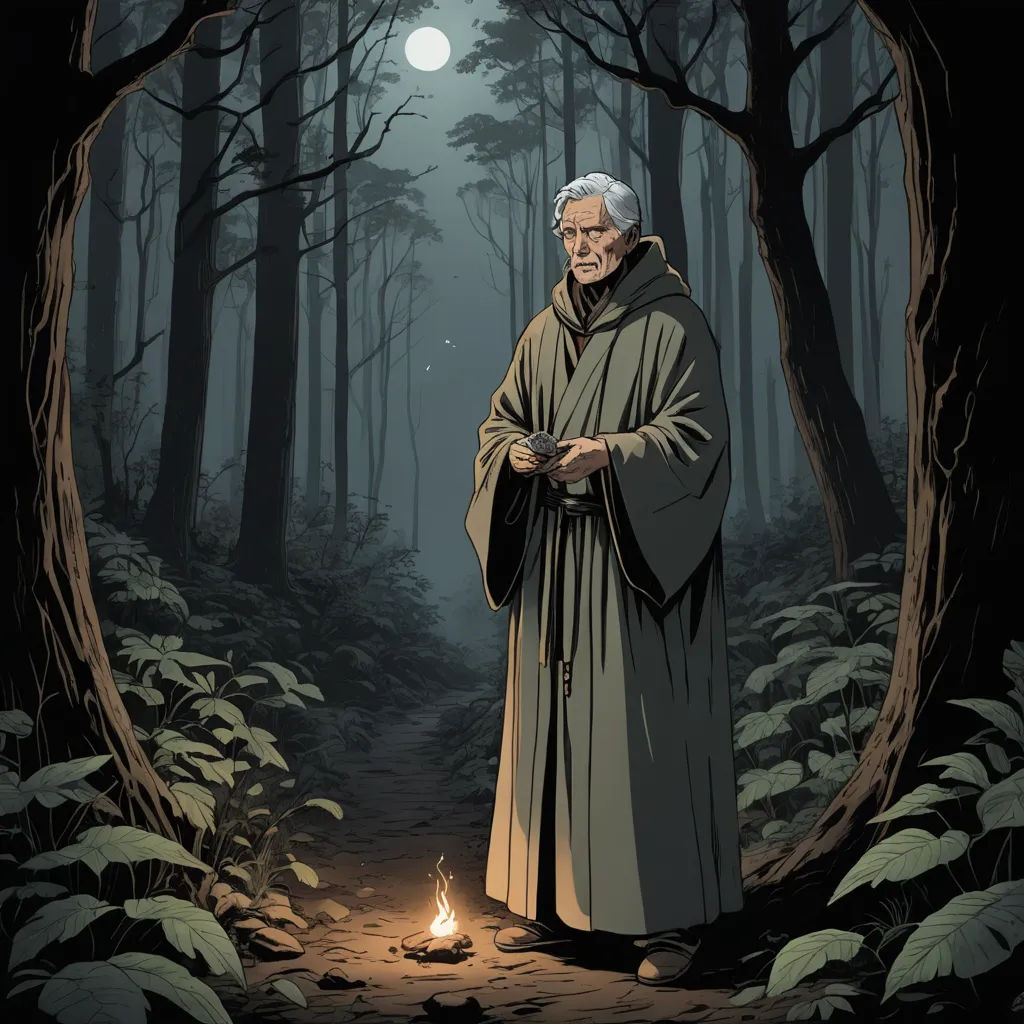 a man in a hooded robe standing in a forest at night with a campfire in the foreground, fantasy art, a character portrait, Cliff Childs, comic cover art