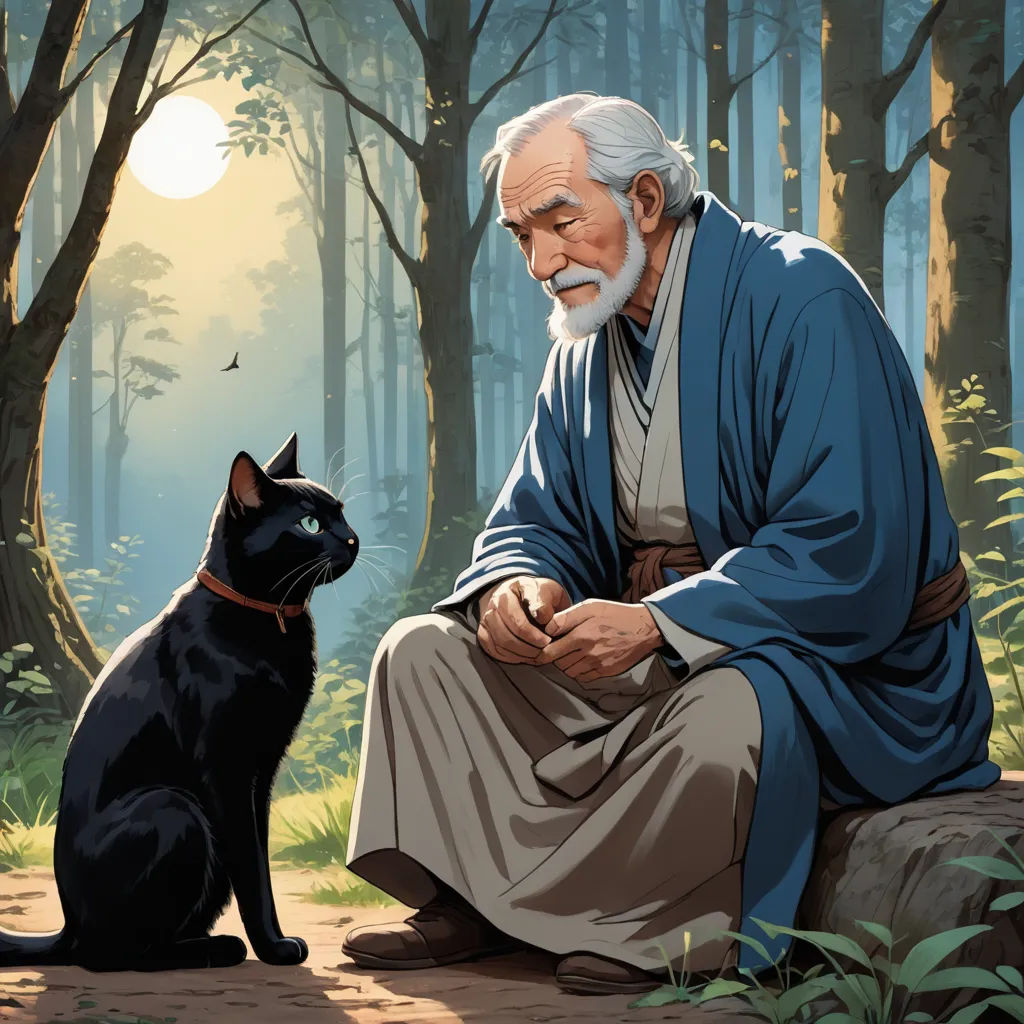 a painting of a man sitting next to a black cat in a forest with a full moon in the background, fantasy art, a storybook illustration, Drew Struzan, official art