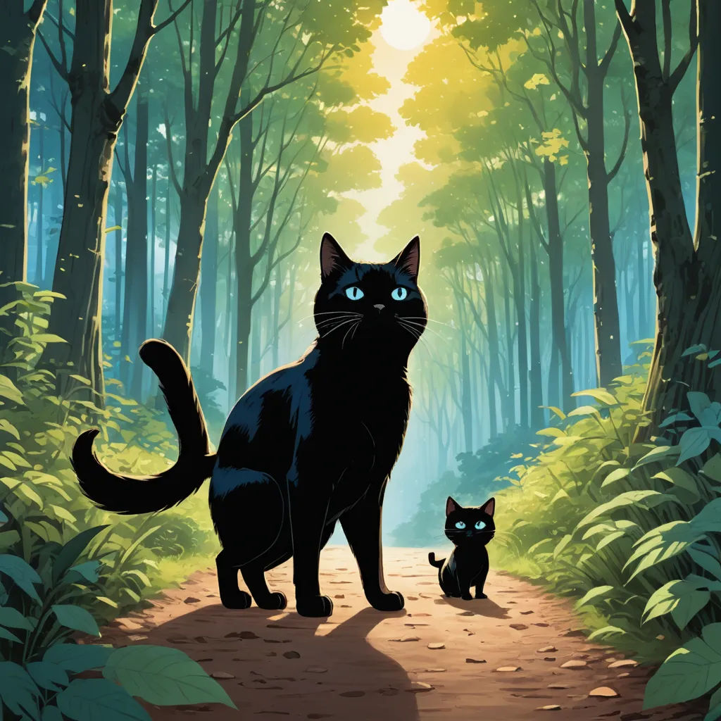 a black cat and a black cat are standing in the woods together, with the sun shining through the trees, furry art, a storybook illustration, Brom, official art