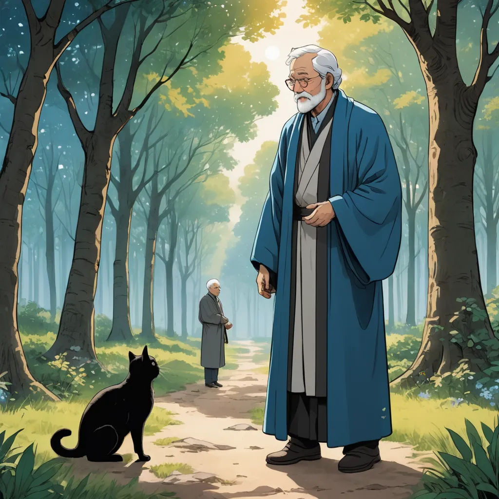 a man in a blue robe standing next to a black cat in a forest with trees and a man in a gray coat, sots art, a storybook illustration, Brothers Hildebrandt, official art