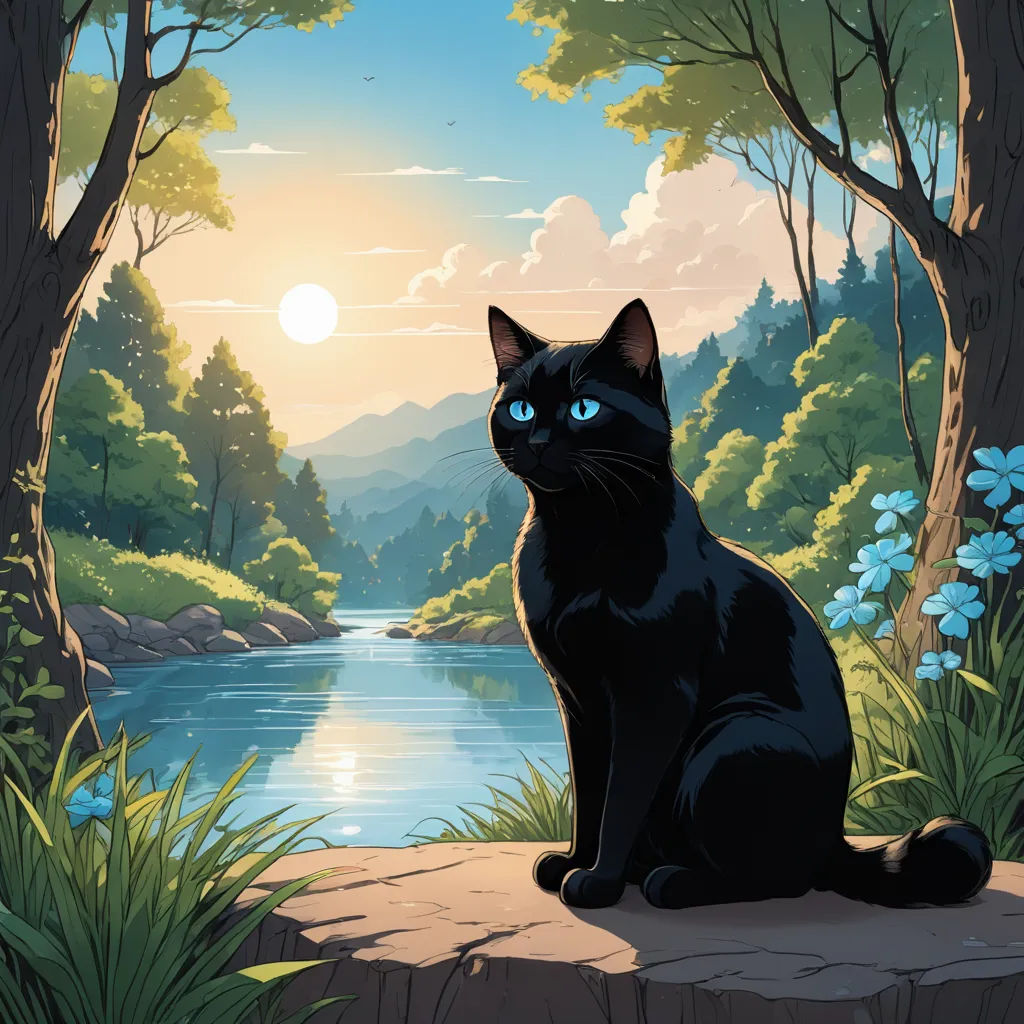 a black cat sitting on a rock near a river and trees with blue eyes and a sunset in the background, fantasy art, a storybook illustration, Dan Mumford, official art