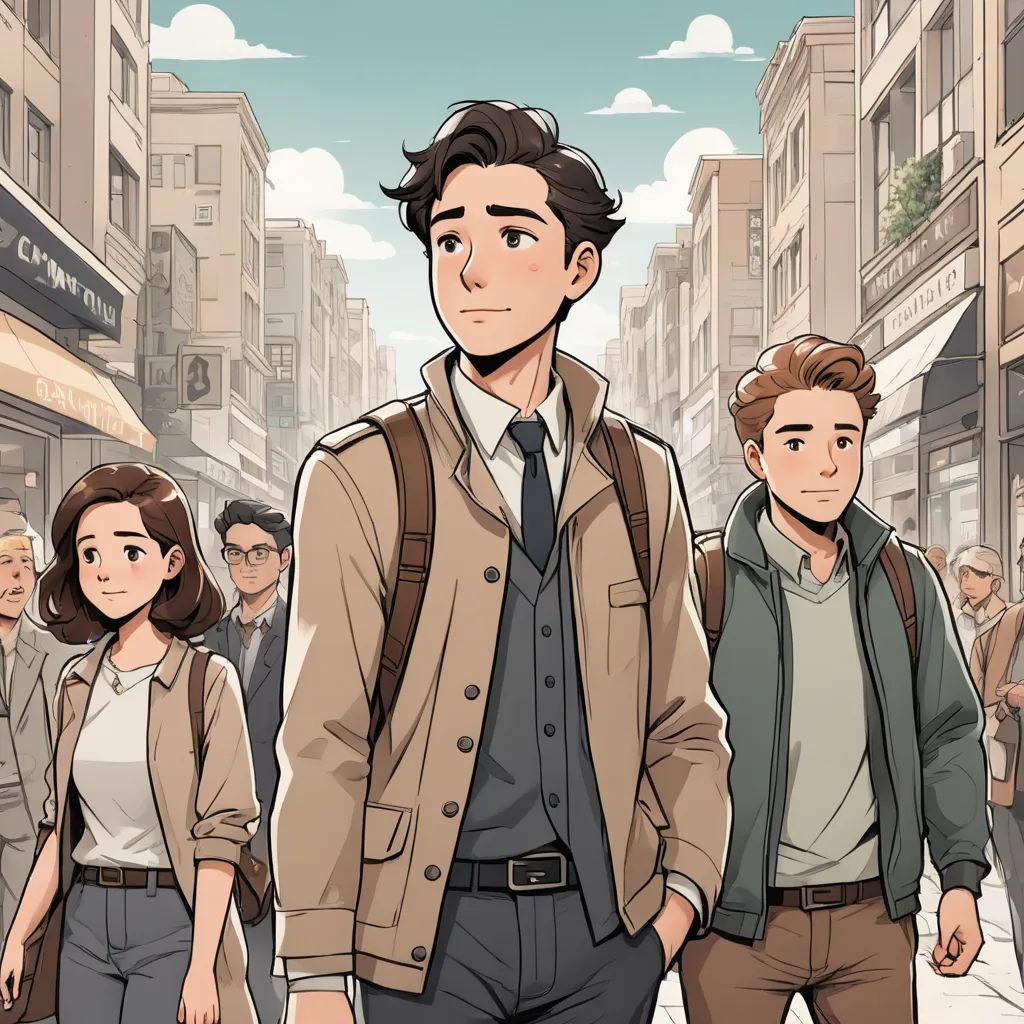 a man in a brown jacket and a woman in a white shirt and brown pants are walking down a city street, serial art, a comic book panel, David Park, official art