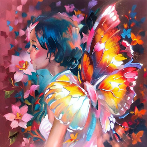 a painting of a girl with a butterfly on her shoulder and a flower in her hair, with a pink background