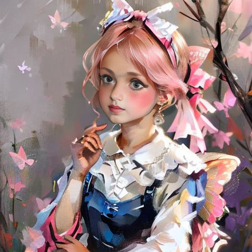 a painting of a girl with pink hair and a bow in her hair, sitting in a chair with a butterfly background