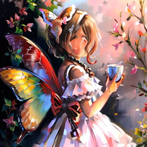 a painting of a girl holding a cup and butterfly wings in her hand, with a butterfly on her shoulder