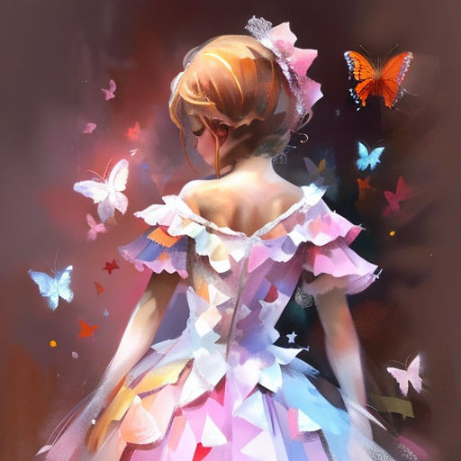 a painting of a girl in a dress with butterflies around her neck and back, looking at a butterfly