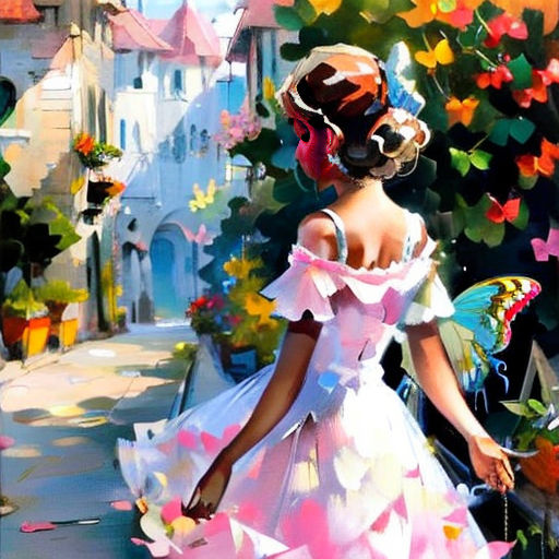 a painting of a woman in a dress with a butterfly on her shoulder and a butterfly on her shoulder