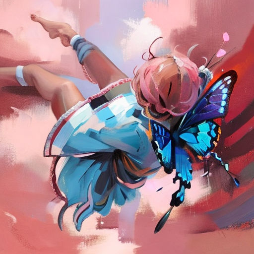 a painting of a woman with a butterfly on her shoulder and a pink background with a blue butterfly on her arm