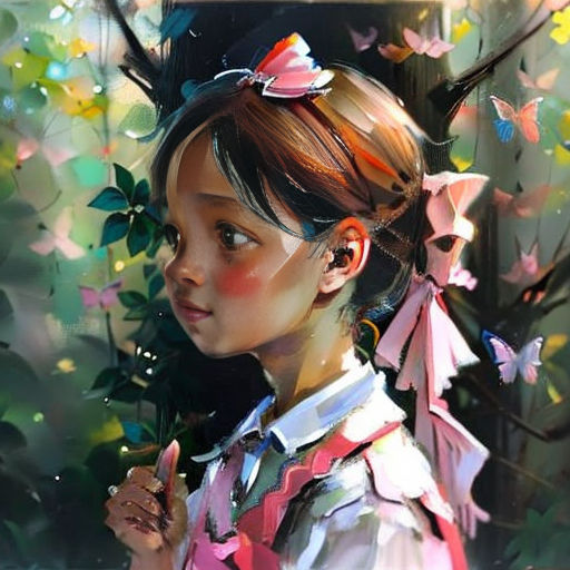 a painting of a girl with a butterfly in her hair and a pink bow on her head, standing in front of a tree