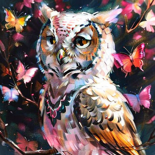 an owl sitting on a branch with butterflies around it's neck and eyes, with a blue background