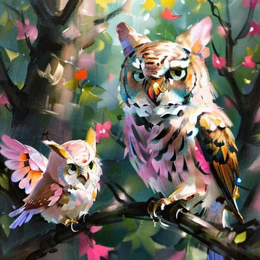 two owls sitting on a branch with leaves and flowers in the background, one of them is looking at the camera