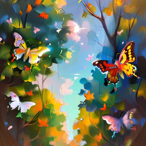 a painting of a colorful forest with butterflies flying around it and a blue sky in the background with white clouds