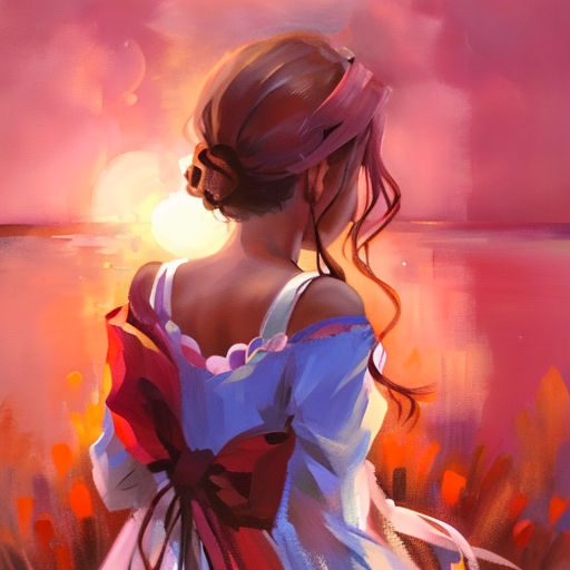 a painting of a woman in a dress looking out at the water at sunset or sunrise, with a pink sky and a pink background