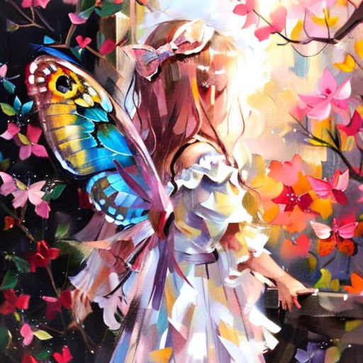 a painting of a girl with a butterfly on her wings and a butterfly on her shoulder, standing in front of a window
