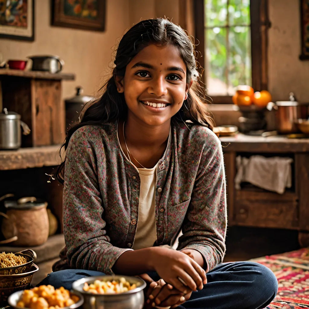 a girl sitting on the floor with bowls of food in front of her and a bowl of food in the background, samikshavad, a poster, Ella Guru, promotional image
