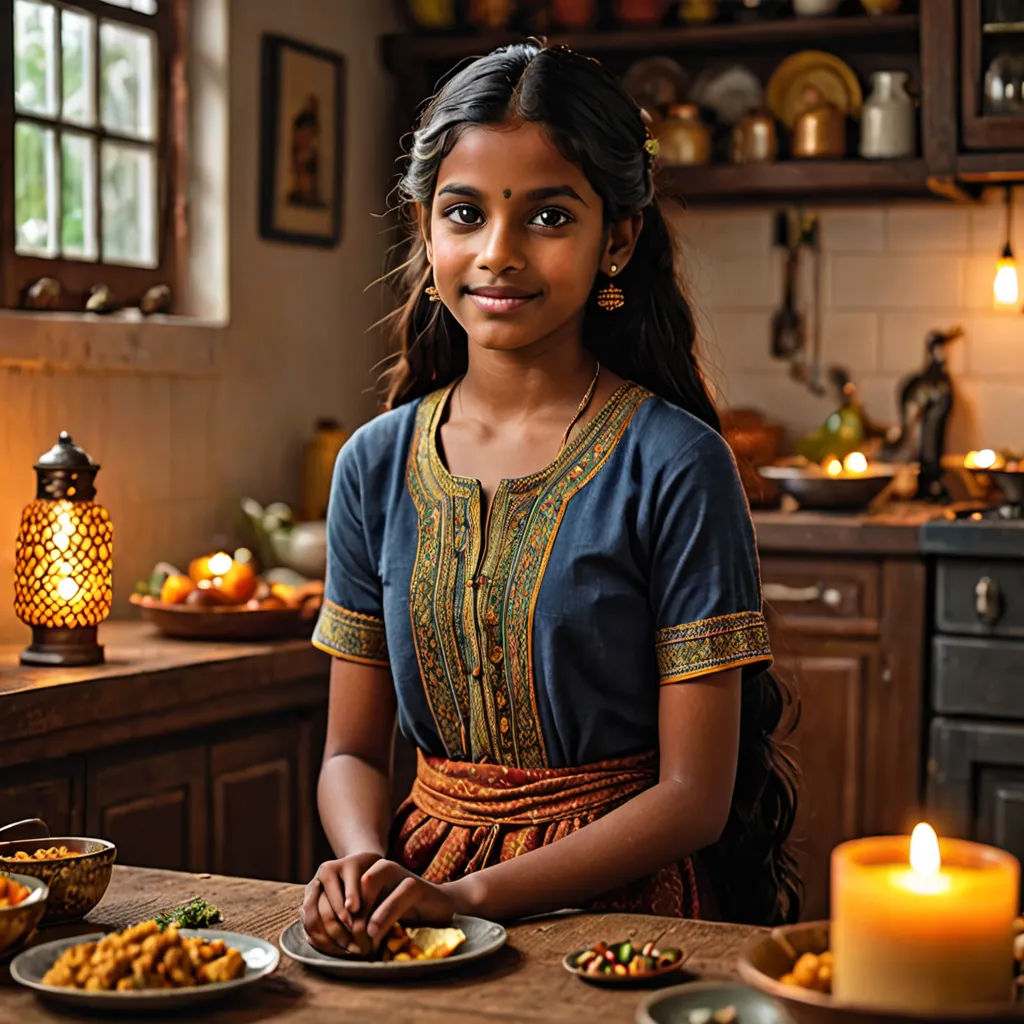 a woman sitting at a table with plates of food in front of her and a candle in the background, samikshavad, a stock photo, Ella Guru, promotional image