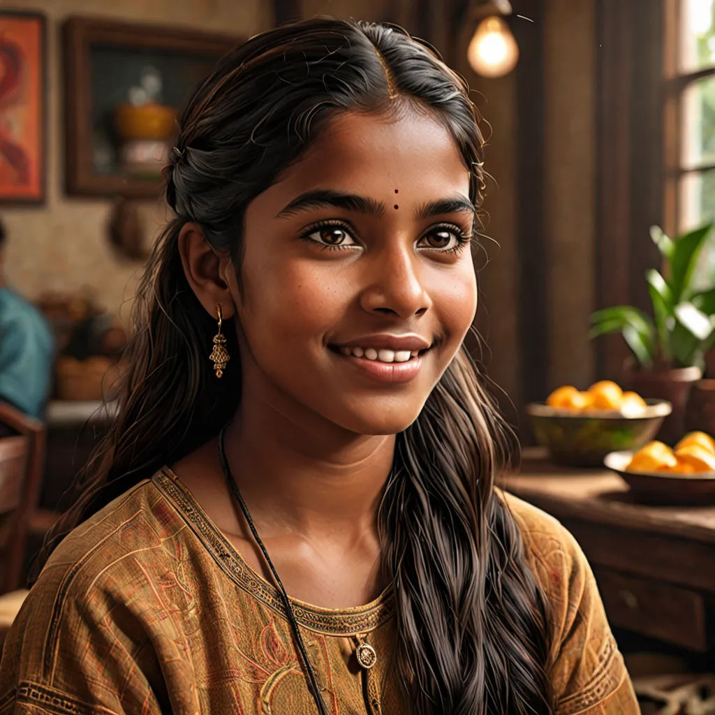 a girl with long hair and a smile on her face, sitting in a room with oranges and a table, photorealism, a photorealistic painting, Ella Guru, vfx